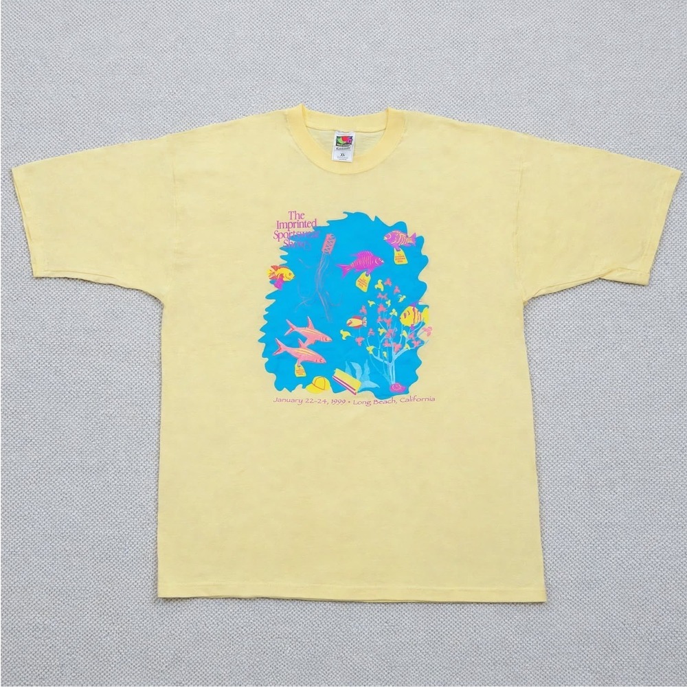 Vintage 1999 Imprinted Sportswear‎ Shows T Shirt XL Yellow Long Beach Fish Print